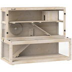 Natural wood hamster cage with hut, running wheel, ramps, and viewing panels