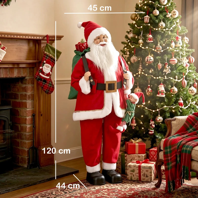 Tall red Santa figurine with white fur trim, black belt, holding green bag