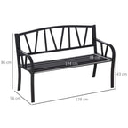 Black metal two-seat garden bench with curved slat back and armrests