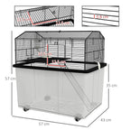 Black two-tier hamster cage with ramp and deep base, showing size measurements