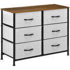 Storage dresser with 6 grey fabric drawers, wooden top, black steel frame, black bar pulls