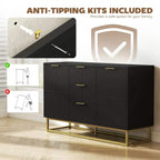 Black sideboard cabinet with geometric doors and gold bar handles; anti-tip hardware shown