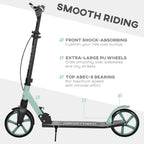 Light green folding kick scooter with front shock absorber and extra-large PU wheels