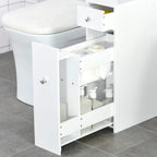 White slim bathroom floor cabinet with open shelves and side door, storage interior