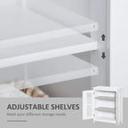 White floor cabinet with adjustable interior shelves behind slatted doors.