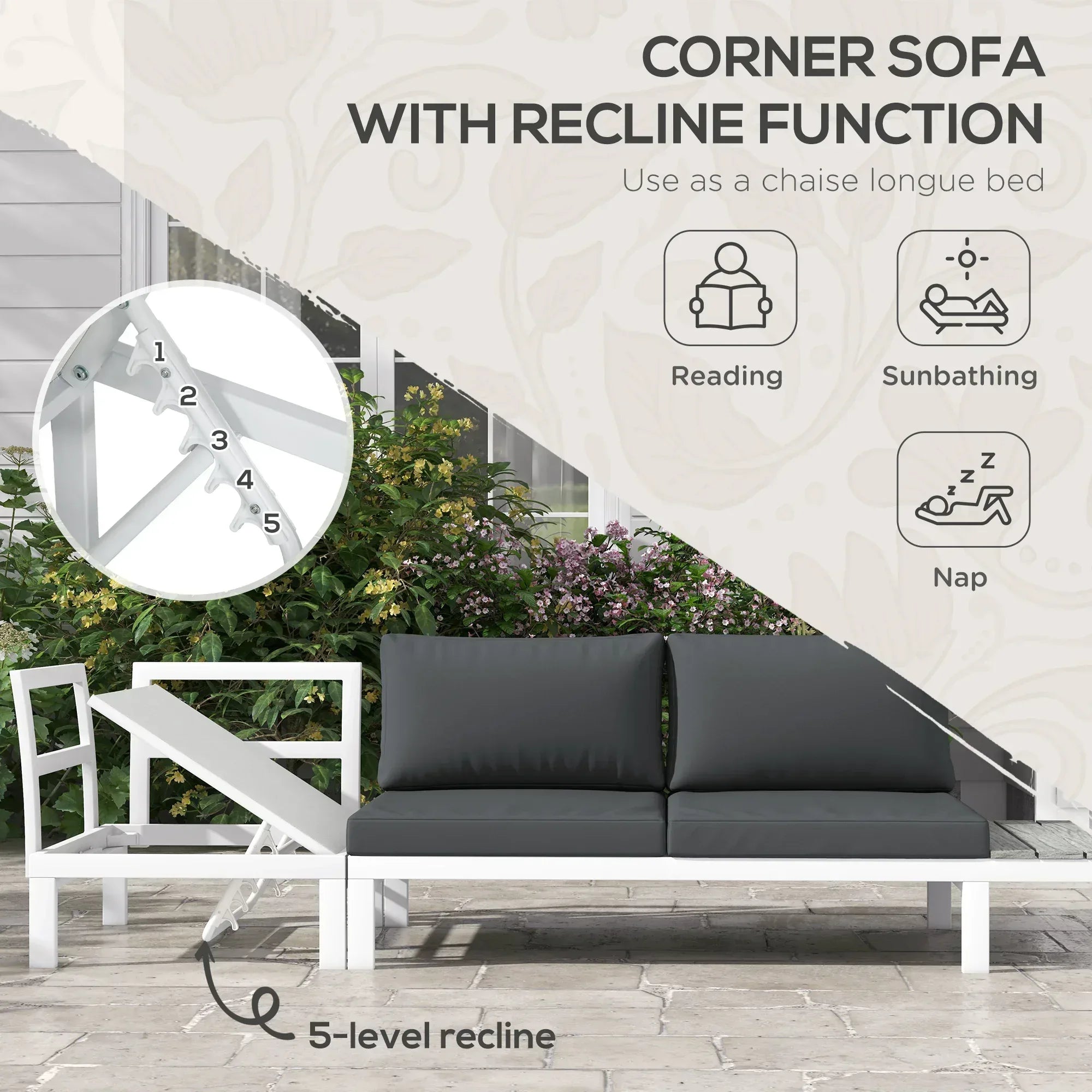 4 Pieces Garden Furniture Set, 5-Level Reclining Garden Corner Sofa Set, Outdoor Lounge Conversation Sectional with Cushions, Wood Effect Plastic Table, White Frame & Grey Cushion - Bobobiy