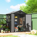 Dark grey garden storage shed with open doors and organized interior shelving