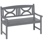 Grey 2-seater outdoor garden bench with decorative backrest panels and armrests