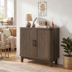 Dark walnut sideboard cabinet with curved double doors and black bar handles