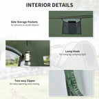 Pop-up camping tent interior details: side storage pockets, lamp hook, and two-way zipper