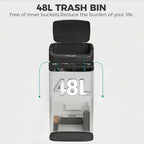 Black 48 L sensor trash bin cutaway view showing inner liner and capacity label.