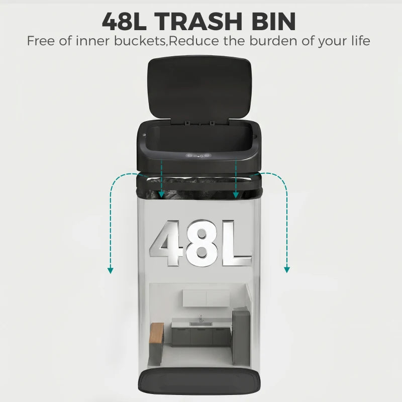 Black 48 L sensor trash bin cutaway view showing inner liner and capacity label.