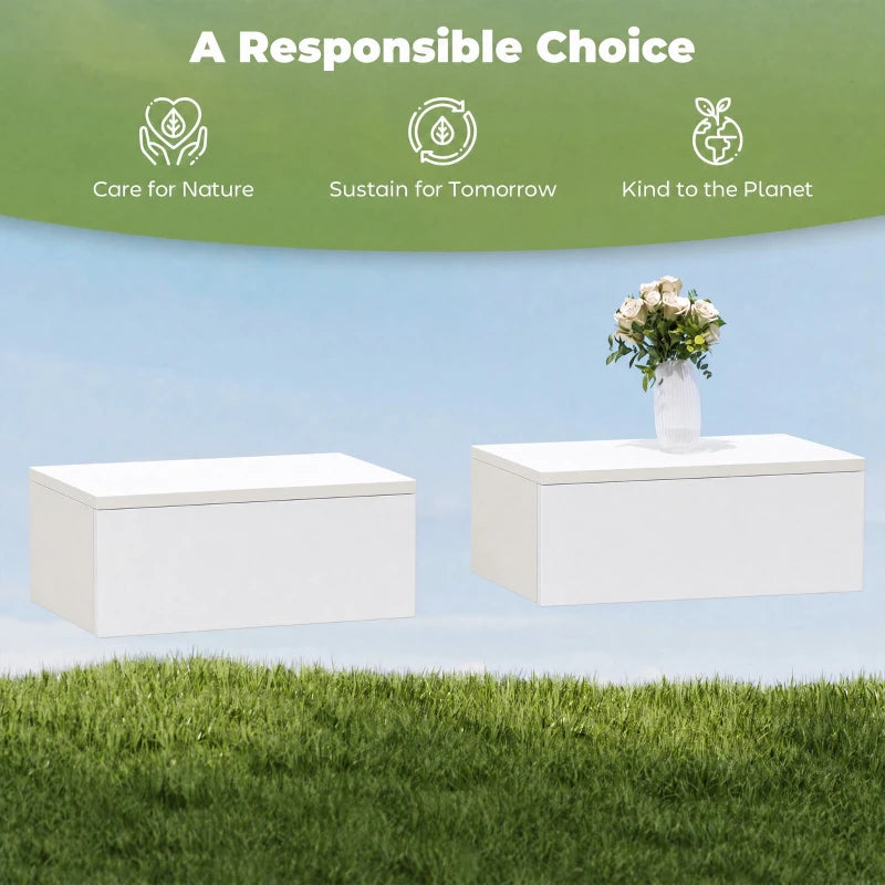 Set of 2 white floating nightstands with glossy drawers, wall-mounted design