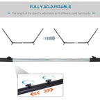 Black fully adjustable hammock stand frame with telescoping support bar and hooks.