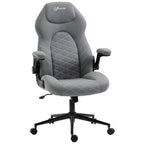 Light grey office desk chair with quilted back, padded seat, flip-up armrests, swivel base