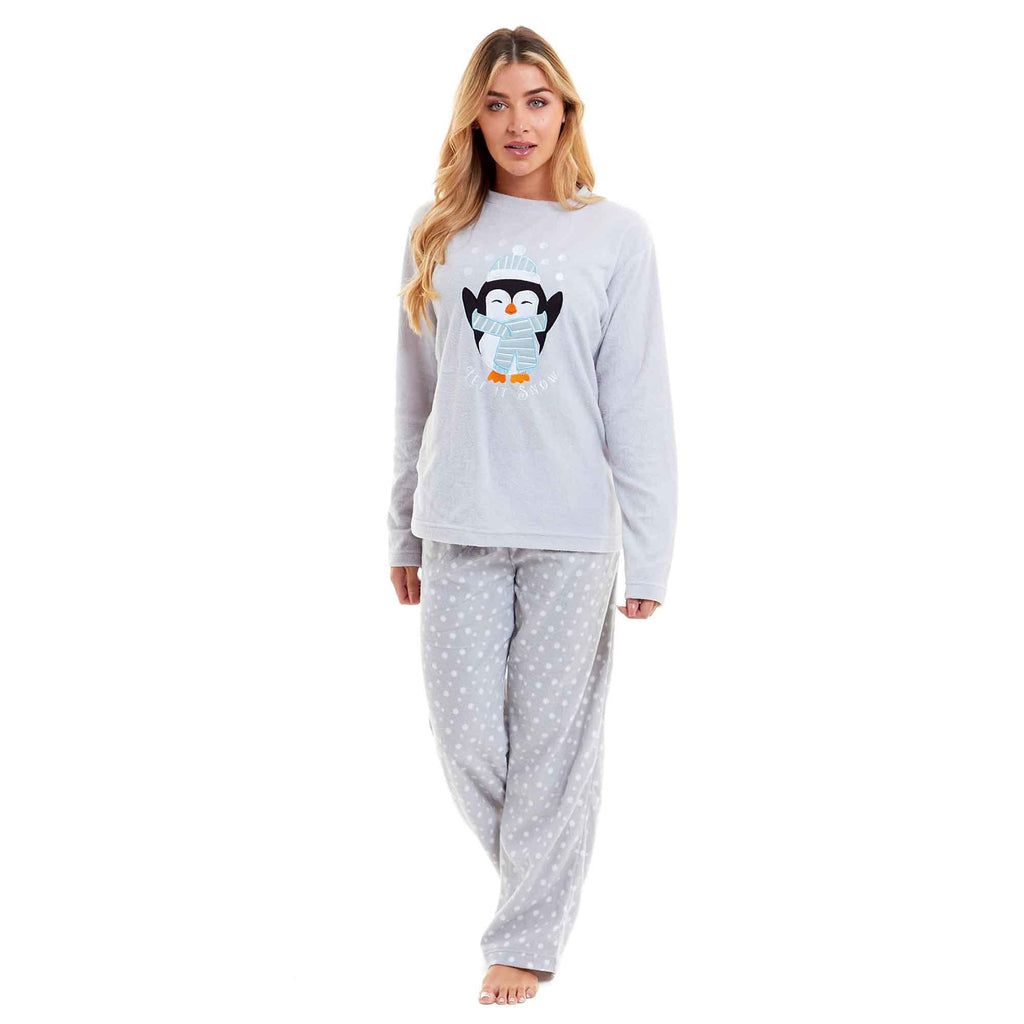 Warm Women's Polar Fleece Penguin Pyjama Set with Hood and Embroidery Fluffy Winter Loungewear Ideal for Christmas Gift Multiple Sizes