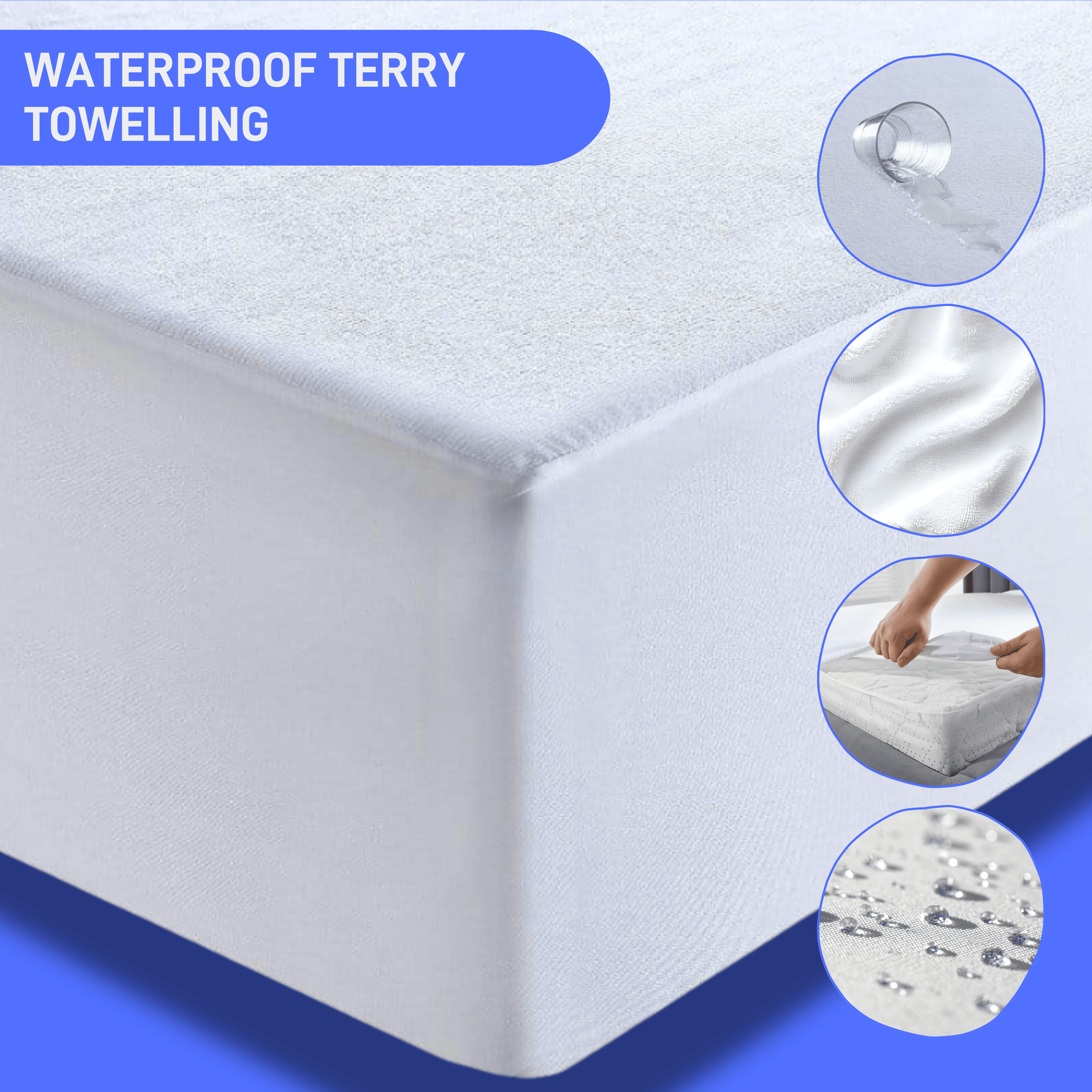 Waterproof Terry Towel Mattress Protector with Deep Skirt Highly Absorbent Noise-Free Comfort Full Bed Size Range OEKO-TEX Certified