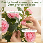Pink artificial camellia with green leaves and flexible stems, in a black pot
