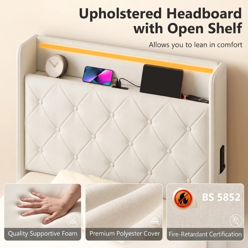 Cream upholstered headboard with tufted panel and built-in charging ports behind side