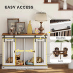 White dog crate furniture with two sliding doors, handles, and a latch lock