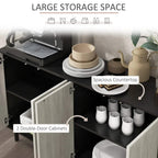 Black sideboard interior with open double doors, countertop, and storage shelves