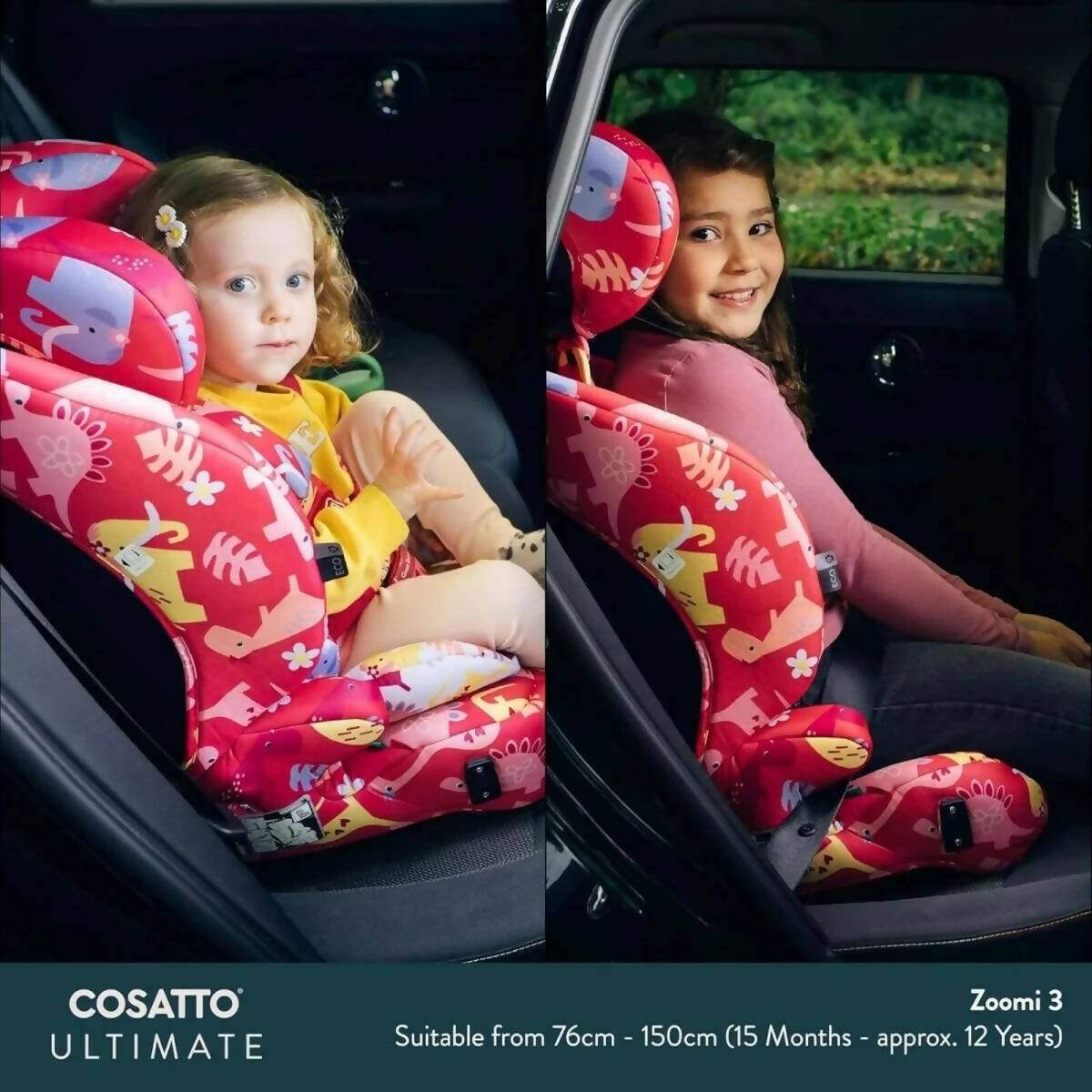 Two children seated in red animal-print car seats inside a vehicle