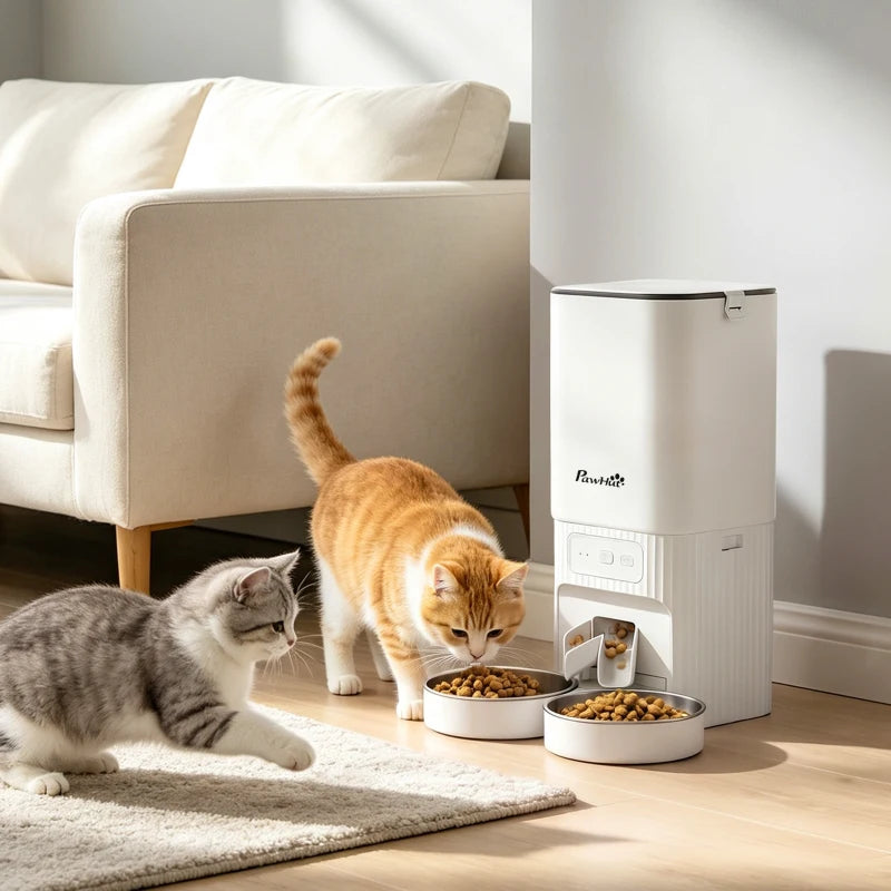 White 7L automatic cat feeder with side chute and two stainless bowls