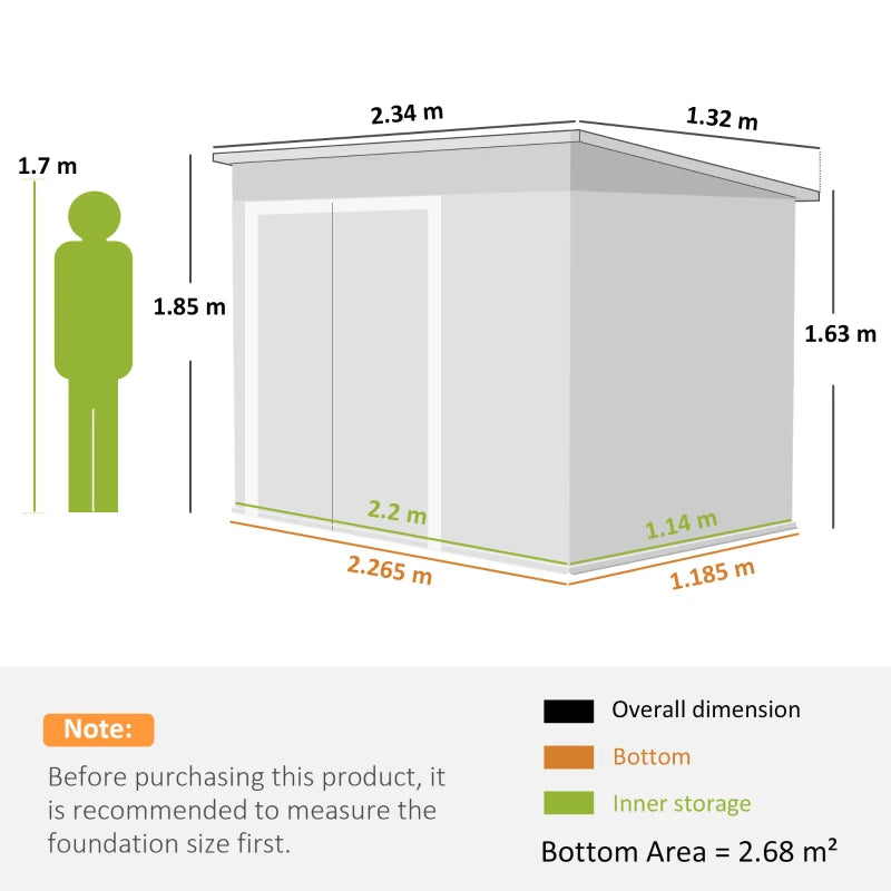 Green metal garden storage shed size diagram with outer and base dimensions shown
