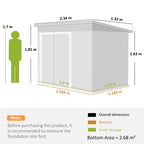 Green metal garden storage shed size diagram with outer and base dimensions shown