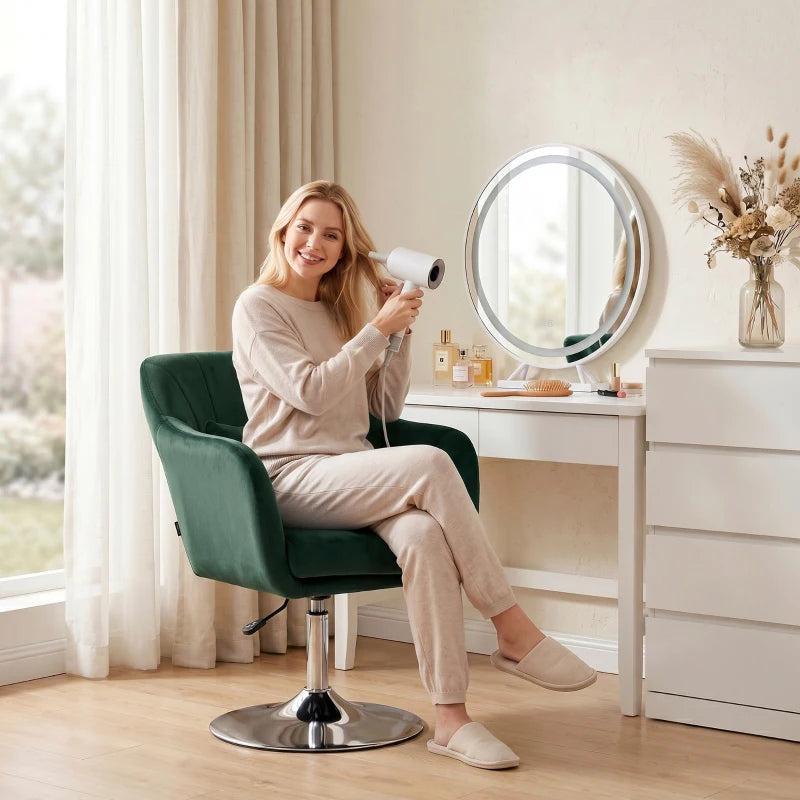 Dark green velvet swivel tub chair with contoured back and cushioned seat