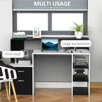 Black and white workstation desk with printer shelf, drawers, and open side shelves