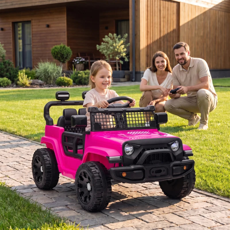 Pink electric ride-on car for kids with black wheels, grille, and working front headlights