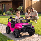 Pink electric ride-on car for kids with black wheels, grille, and working front headlights