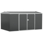 Grey metal outdoor garden storage shed with double sliding door and lockable handle
