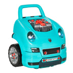 Teal kids ride-on toy car front view with headlights, grille, and hood engine area