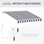 Retractable awning with dark blue and white stripes and crank handle