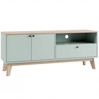 Light green TV stand cabinet with two doors, open shelf, and one drawer