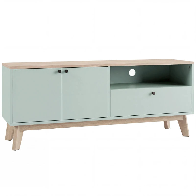 Light green TV stand cabinet with two doors, open shelf, and one drawer