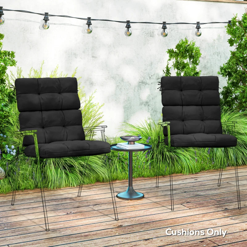 Two black patio chair seat and back cushions set with tie straps