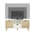 TV unit cabinet with two storage doors and center drawer, natural wood-effect finish.