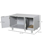 Grey wooden cat litter box enclosure on legs with side opening and interior tray space