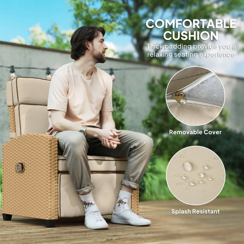 Beige cushion on khaki rattan reclining armchair