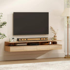Oak-toned wall-mounted media console with open shelves and drawers, light wood finish