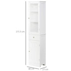 White tall slim bathroom cabinet with top door, drawer, and lower cabinet door