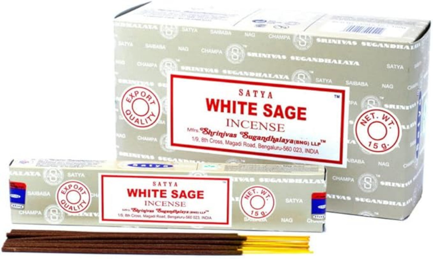 Satya White Sage incense packaging with incense sticks on a white background
