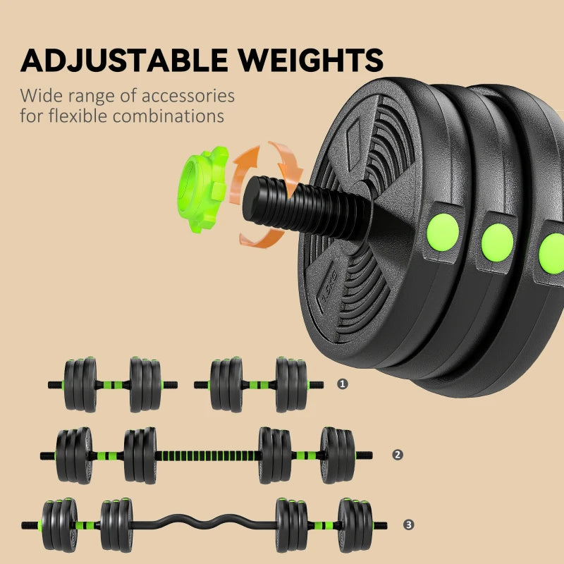 Adjustable weight dumbbell with stacked black plates and green non-slip handle grip