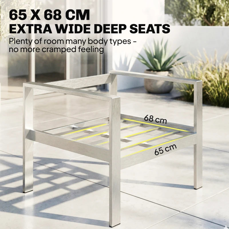 Extra-wide dark grey seat cushions on brushed aluminium garden sofa frame