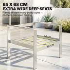 Extra-wide dark grey seat cushions on brushed aluminium garden sofa frame