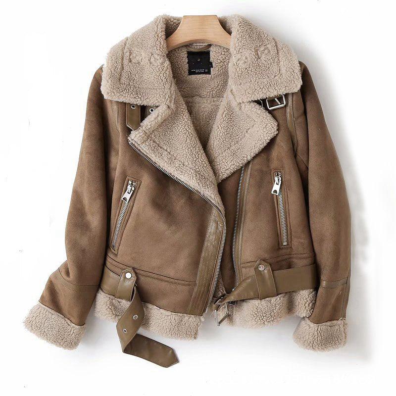 Winter Lapel Jacket Suede Lamb Wool Warm Coat