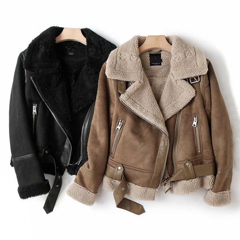Winter Lapel Jacket Suede Lamb Wool Warm Coat